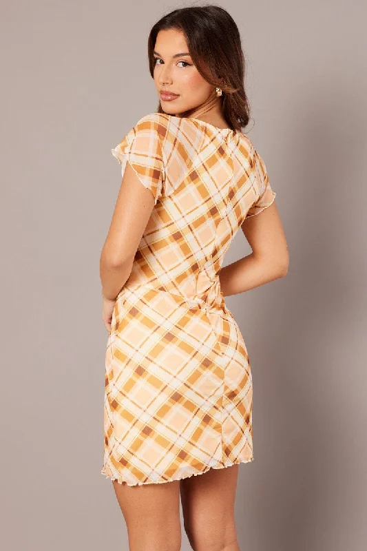 Yellow Check Mesh Dress Short Sleeve Mini