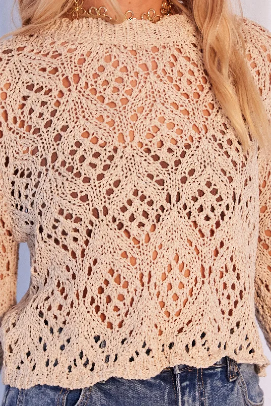 Beige Crochet Knit Top Long Sleeve Crew Neck