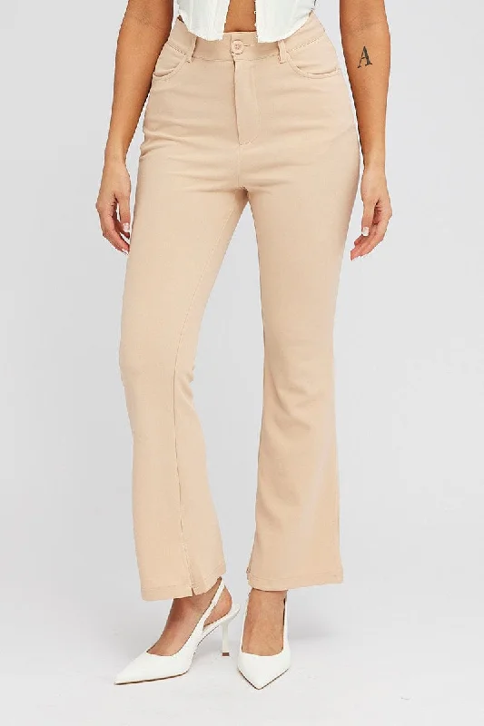 Beige Flare Leg Pants High Rise