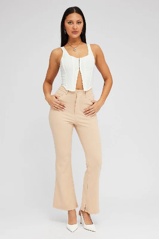 Beige Flare Leg Pants High Rise