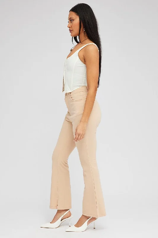 Beige Flare Leg Pants High Rise