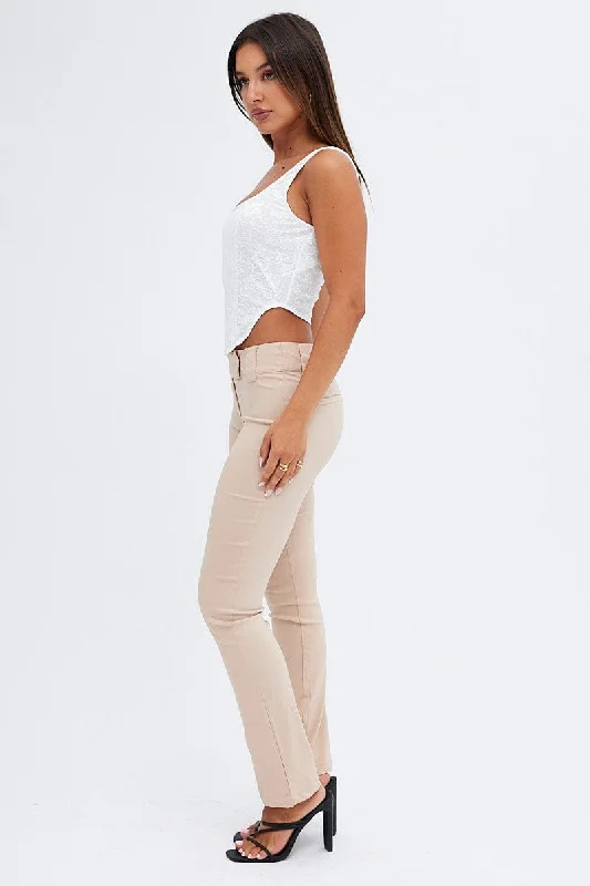 Beige Low Rise Pant Slim Leg