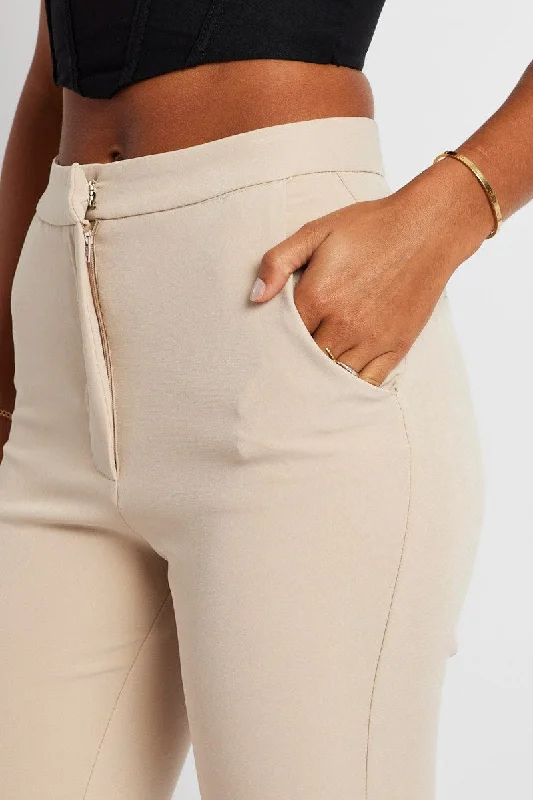 Beige Slim Pants High Rise