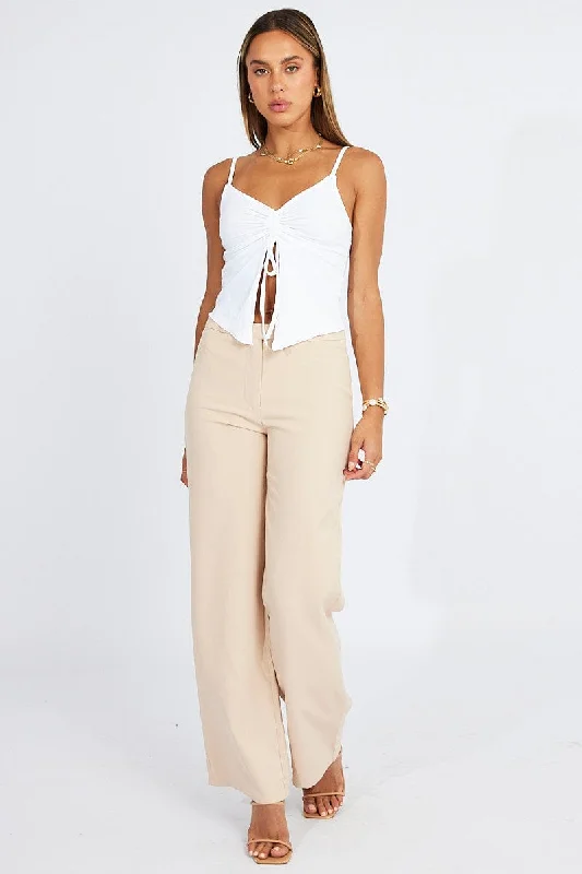 Beige Straight Fit Pants Mid Rise