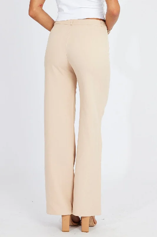 Beige Straight Fit Pants Mid Rise