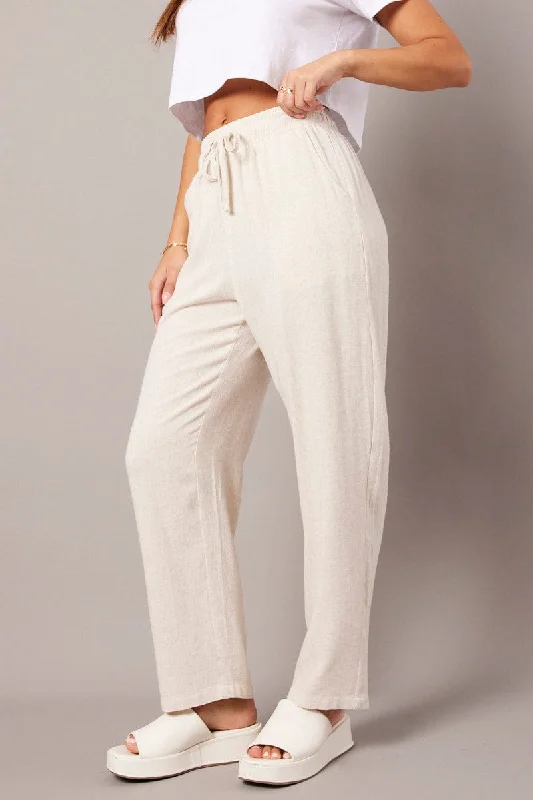 Beige Tapered Pants Elasticated Waist Cropped