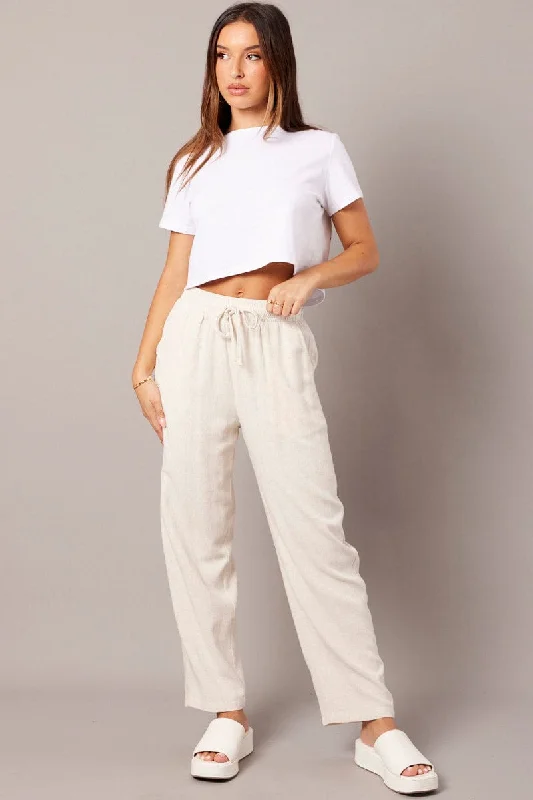 Beige Tapered Pants Elasticated Waist Cropped