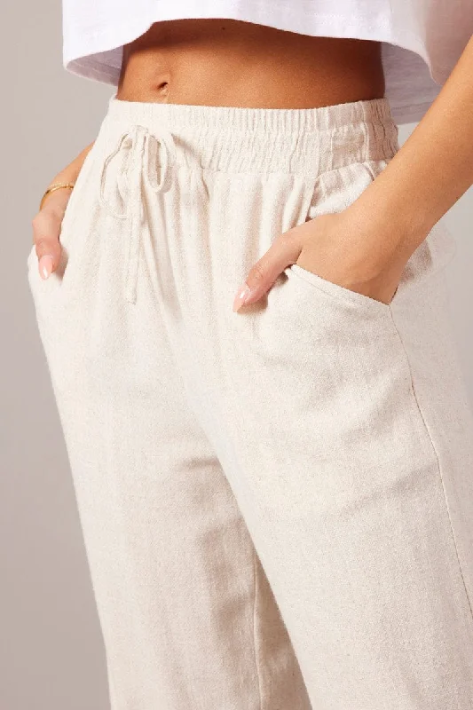 Beige Tapered Pants Elasticated Waist Cropped