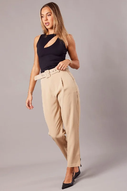 Beige Tapered Pants High Rise Belted