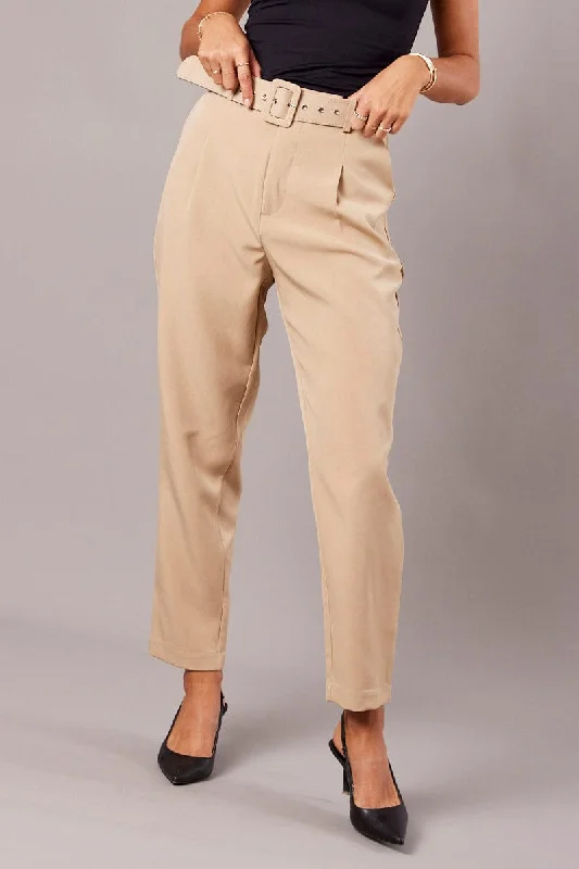 Beige Tapered Pants High Rise Belted