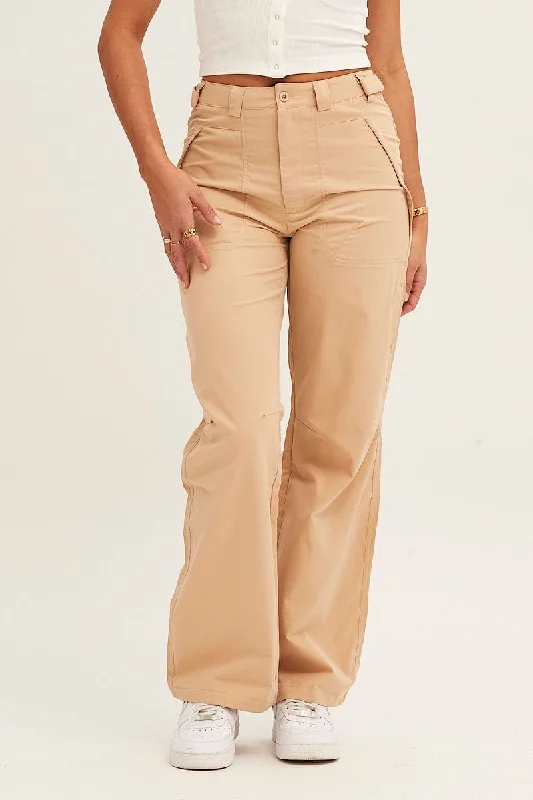 Beige Wide Leg Carpenter Pants