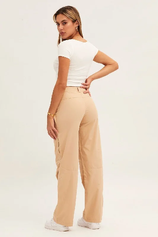 Beige Wide Leg Carpenter Pants