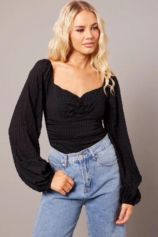 Black Bodysuit Long Sleeve Ruched Textured