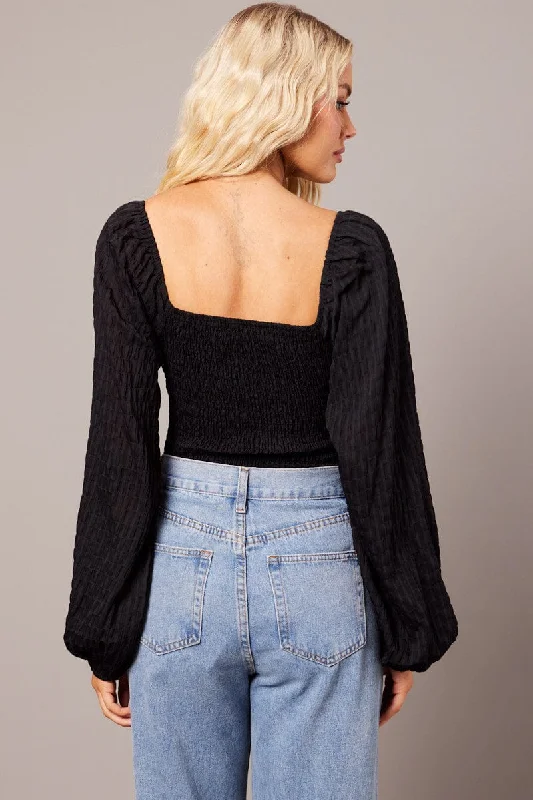 Black Bodysuit Long Sleeve Ruched Textured