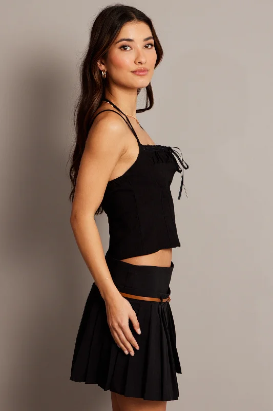 Black Cami Top Sleeveless Ruched Ribbon