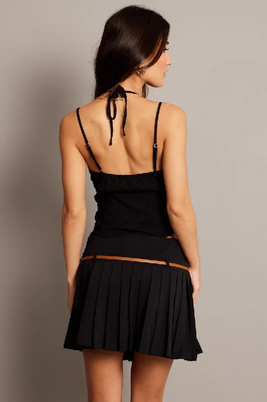 Black Cami Top Sleeveless Ruched Ribbon