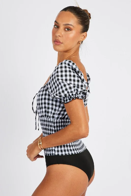 Black Check Bodysuit Short Sleeve