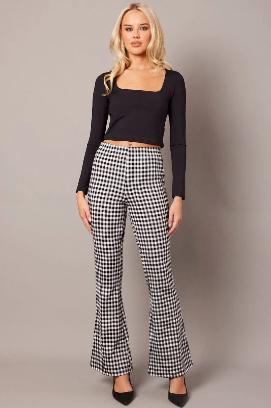 Black Check Flare Leg Pants High Rise