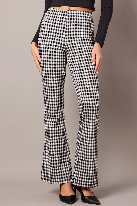 Black Check Flare Leg Pants High Rise