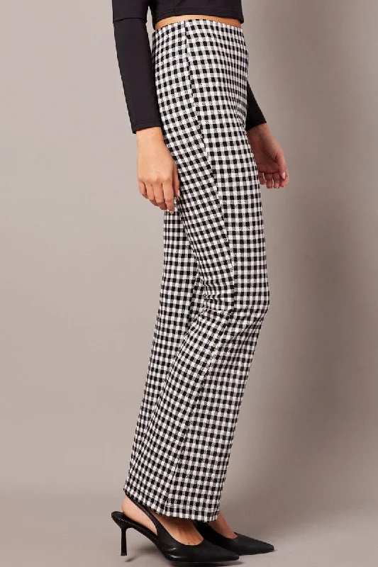 Black Check Flare Leg Pants High Rise