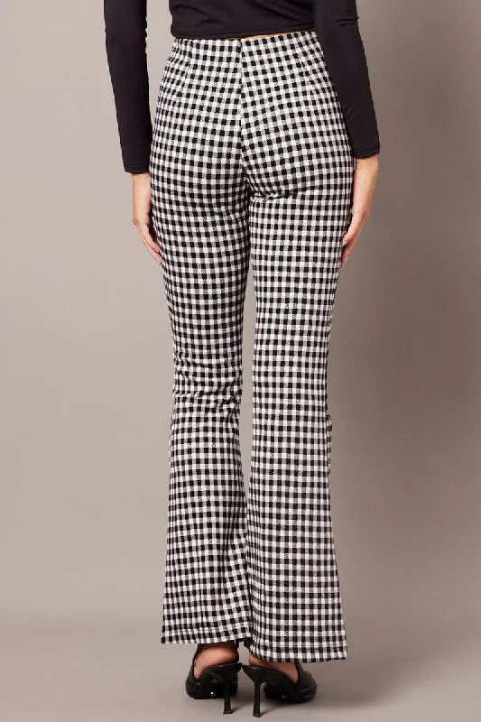 Black Check Flare Leg Pants High Rise