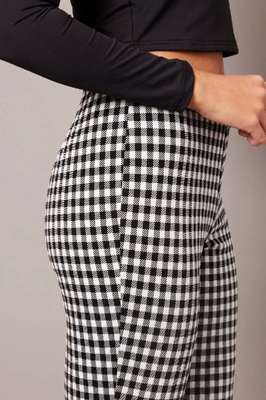 Black Check Flare Leg Pants High Rise