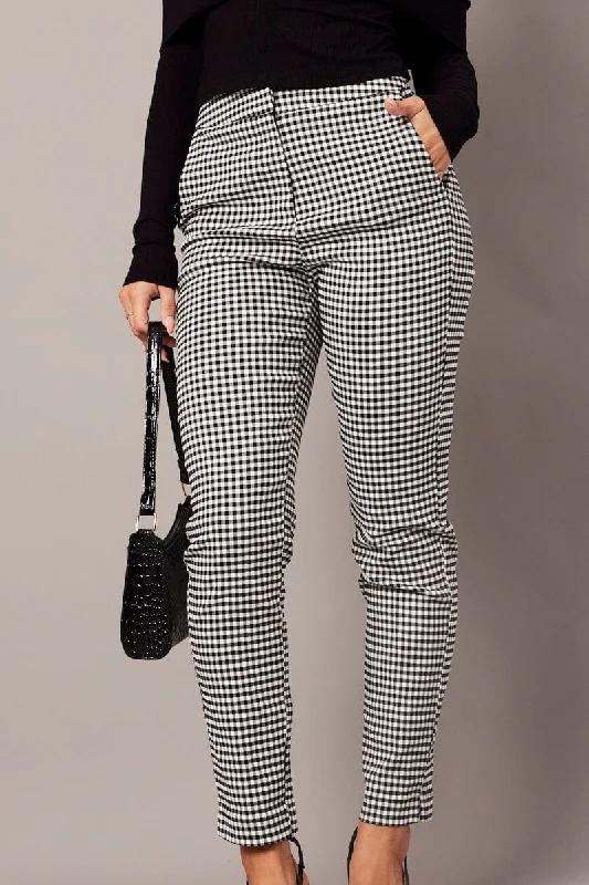 Black Check Slim Pants High Rise