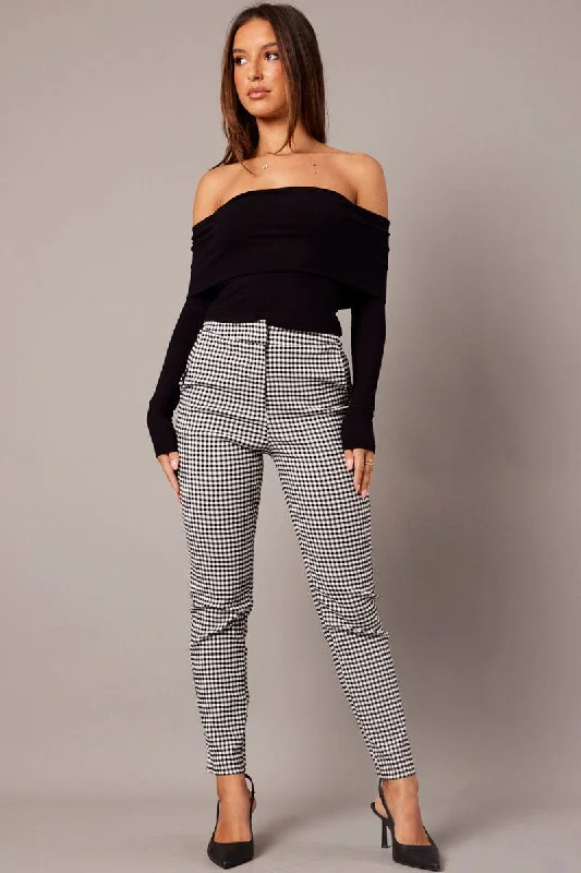 Black Check Slim Pants High Rise