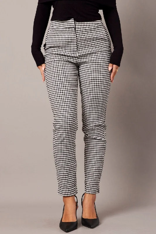 Black Check Slim Pants High Rise