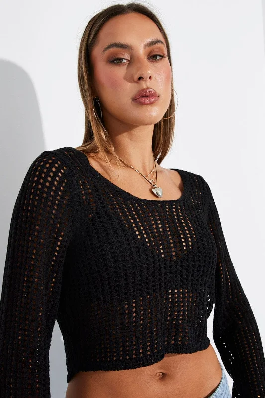 Black Crochet Top Long Sleeve Scoop Neck