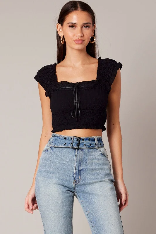 Black Crop Top Sleeveless Shirred Waist Satin Bow