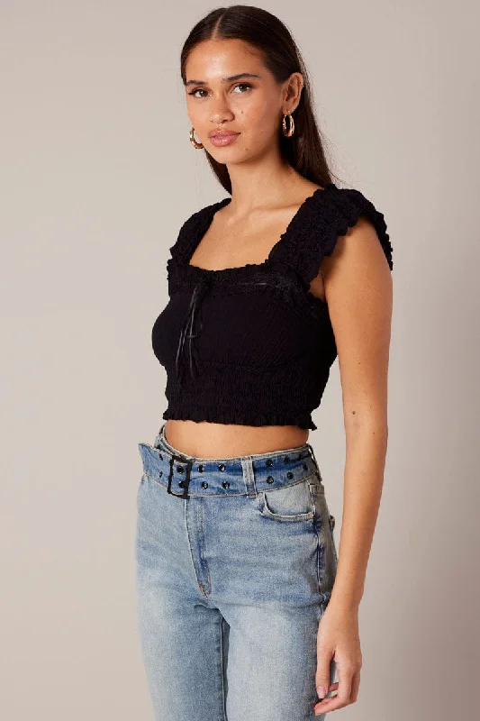 Black Crop Top Sleeveless Shirred Waist Satin Bow