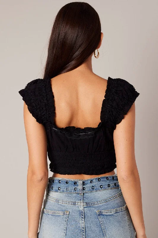 Black Crop Top Sleeveless Shirred Waist Satin Bow