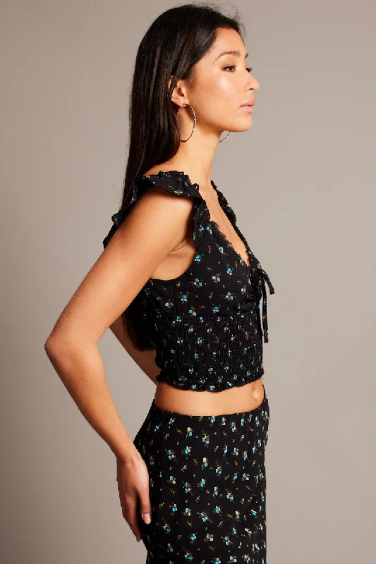 Black Ditsy Crop Top Short Sleeve Lace Trim Shirred Waist