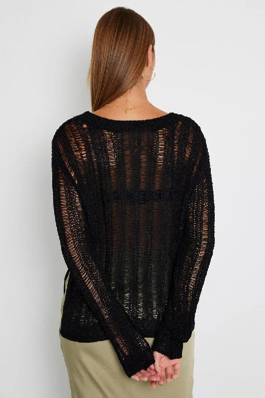 Black Fishnet Knit Top Long Sleeve Crew Neck