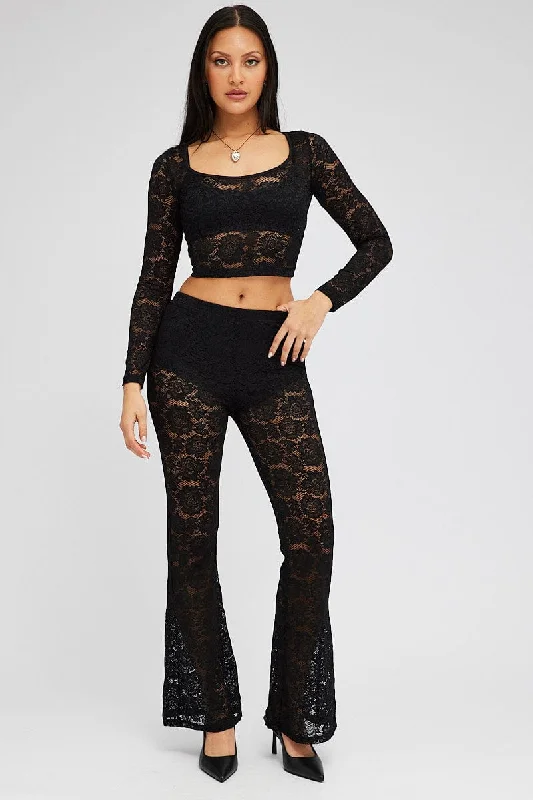 Black Flare Leg Pants Mid Rise Lace