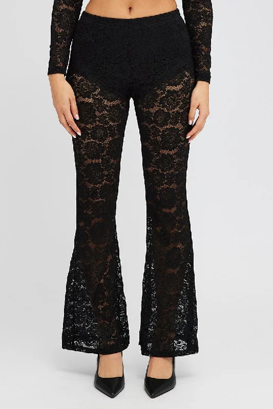 Black Flare Leg Pants Mid Rise Lace