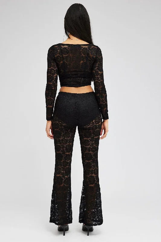 Black Flare Leg Pants Mid Rise Lace