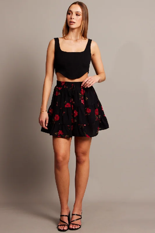 Black Floral Skater Skirt Mini