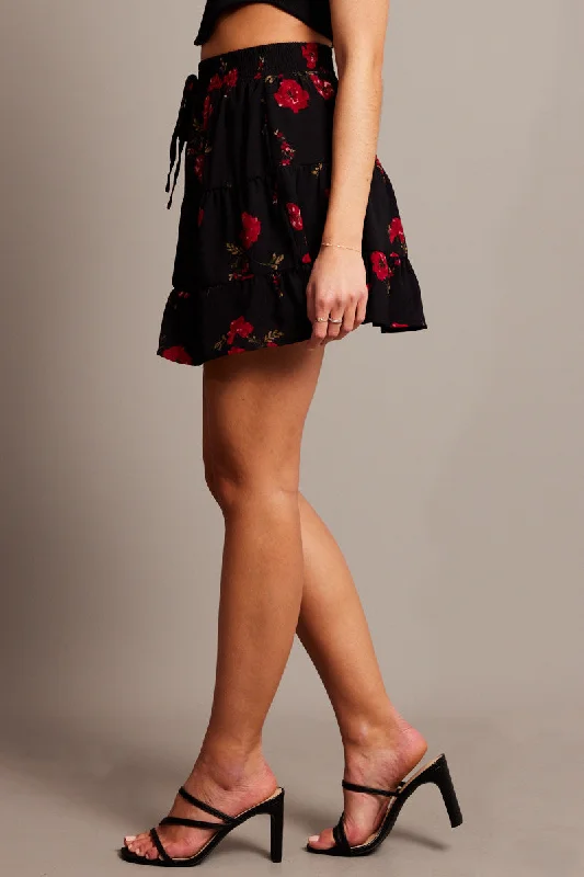 Black Floral Skater Skirt Mini