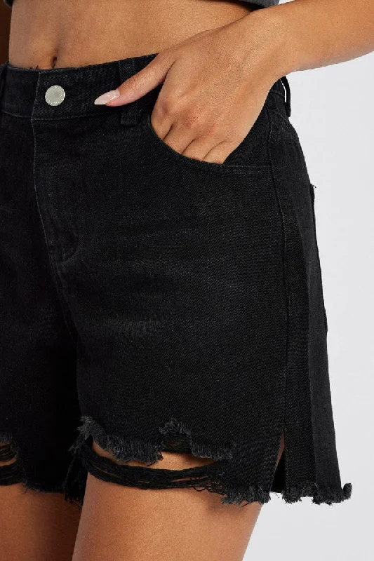 Black High Rise Denim Shorts Relaxed