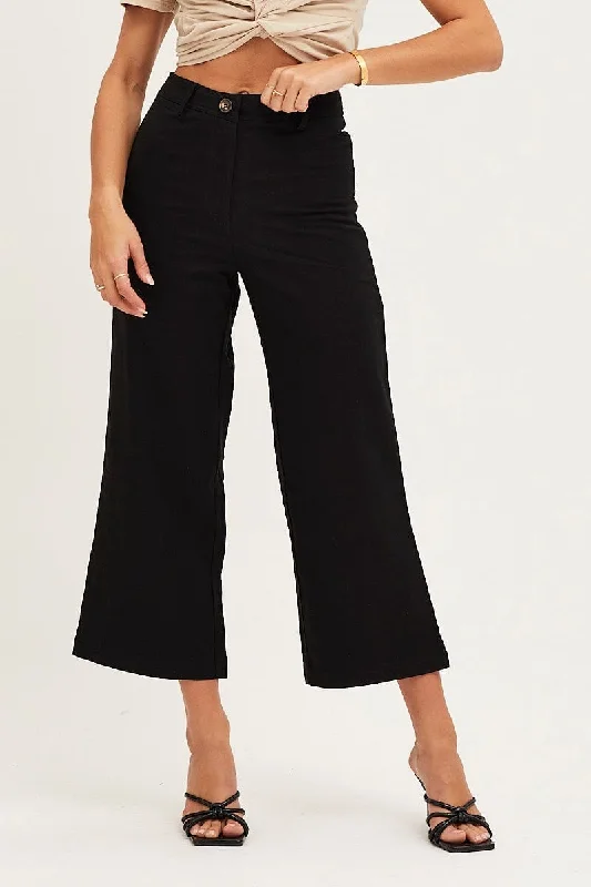 Black High Rise Linen Blend Wide Leg Pants