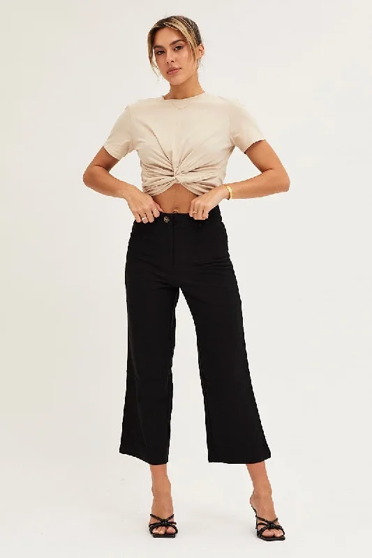 Black High Rise Linen Blend Wide Leg Pants