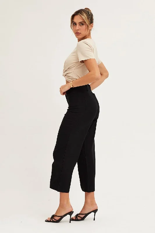 Black High Rise Linen Blend Wide Leg Pants