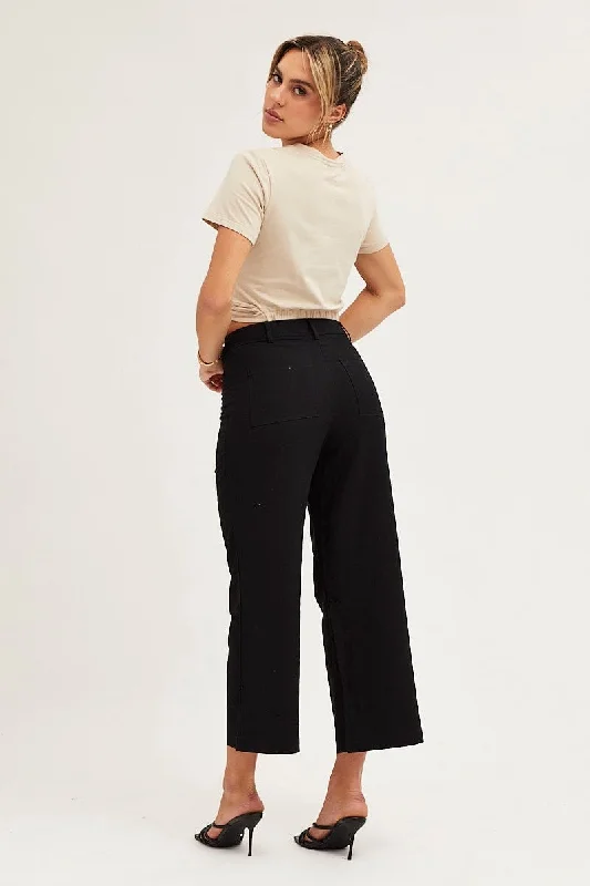 Black High Rise Linen Blend Wide Leg Pants