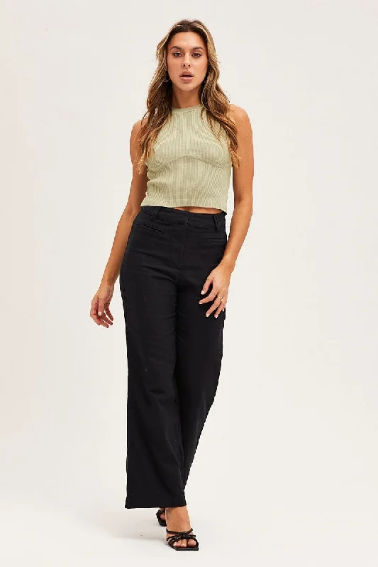 Black High Rise Linen Blend Wide Leg Pants