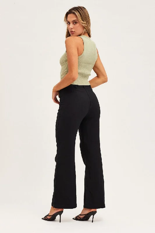 Black High Rise Linen Blend Wide Leg Pants