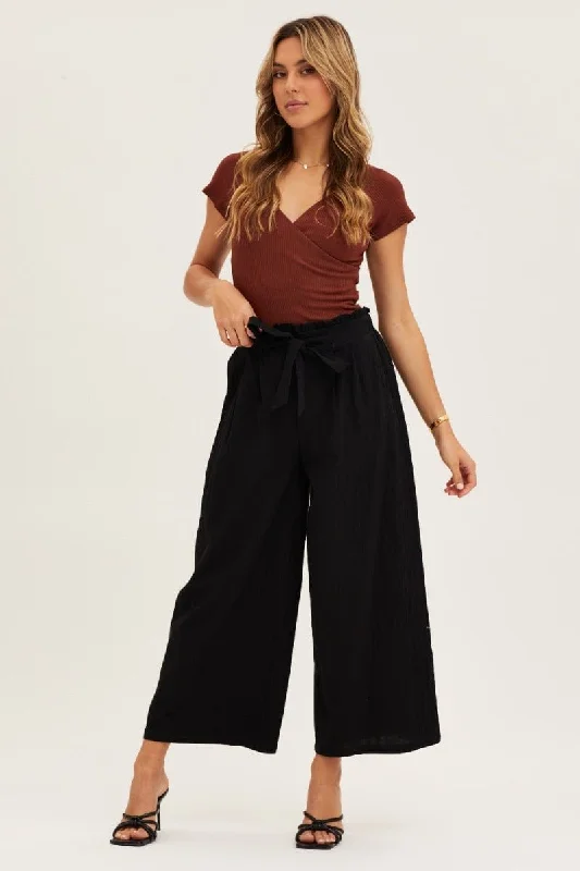 Black High Rise Waist Tie Crop Wide Pants