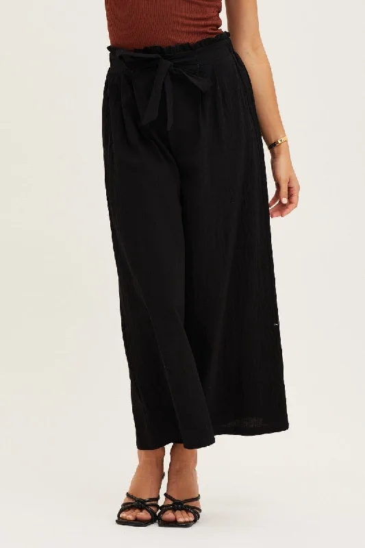 Black High Rise Waist Tie Crop Wide Pants