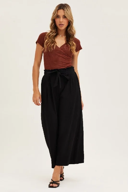 Black High Rise Waist Tie Crop Wide Pants